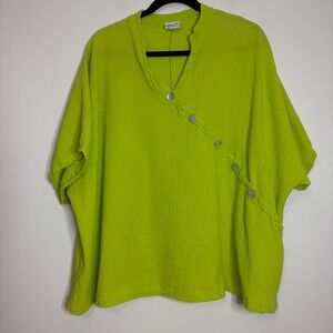 Oh‎ My Gauze Chartreuse Button Front Short Sleeve Oversized Top